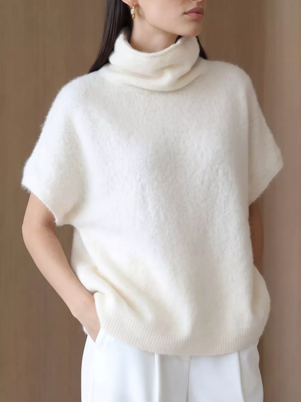 Turtleneck Fuzzy Short Sleeve Sweater, image 3