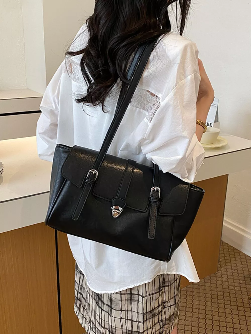 PU Leather Tote Bag with Buckle Detail, image 4