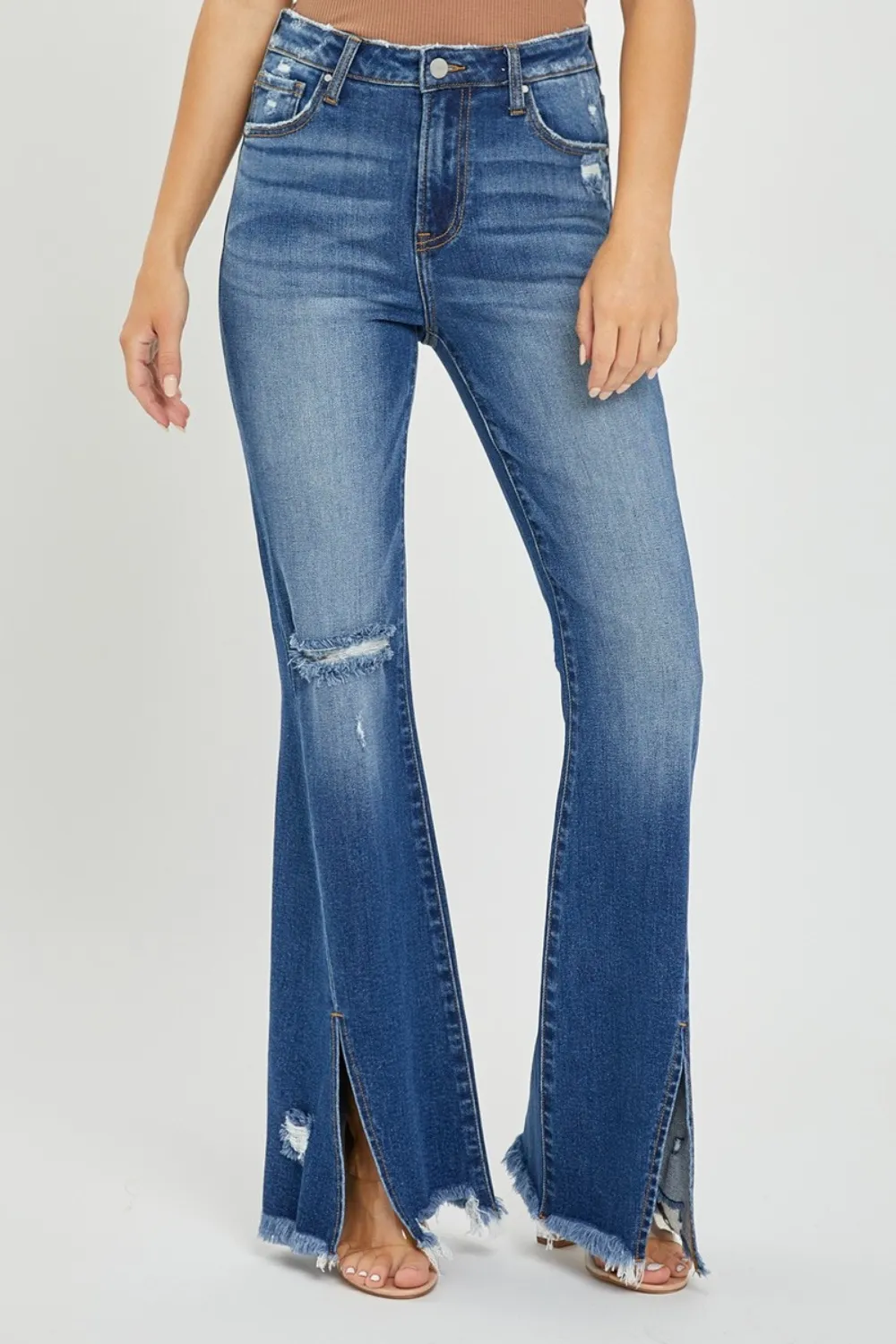 Full Size High Rise Front Slit Frayed Hem Flare Jeans, image 4
