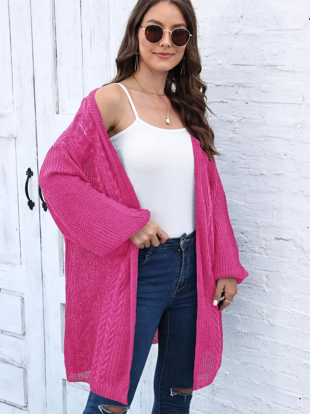 Cable-Knit Open Front Long Sleeve Cardigan, image 7