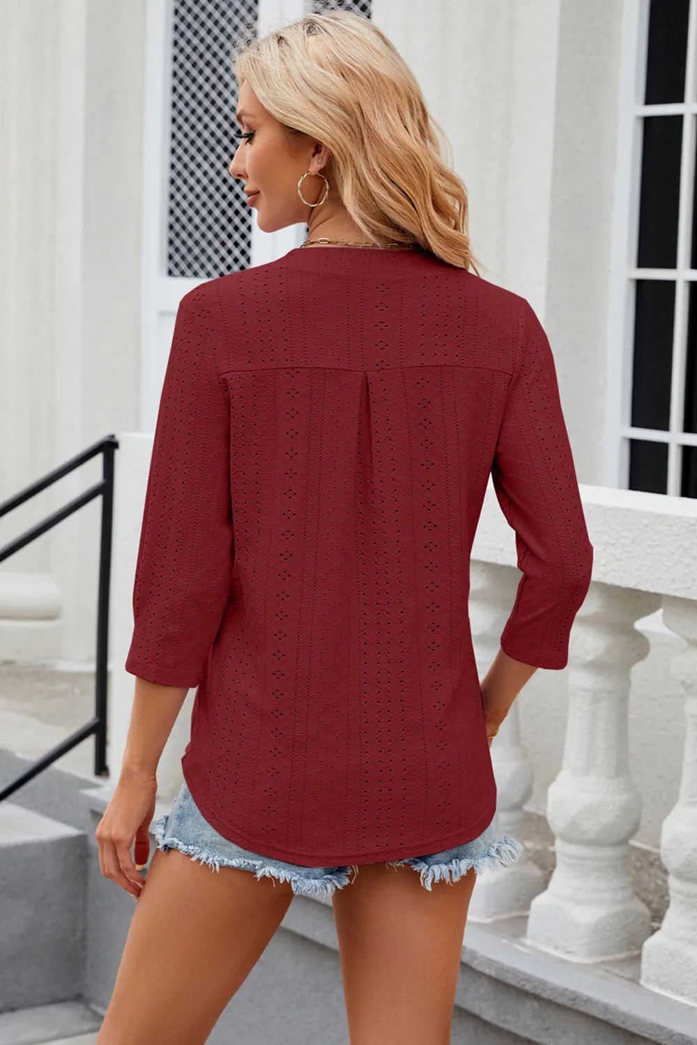 Eyelet Notched Knit Jacquard Top, image 3