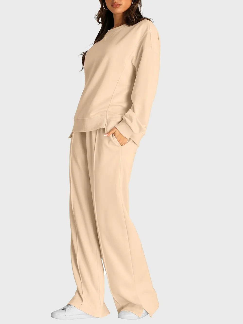 Round Neck Long Sleeve Top and Slit Pants Set, image 18