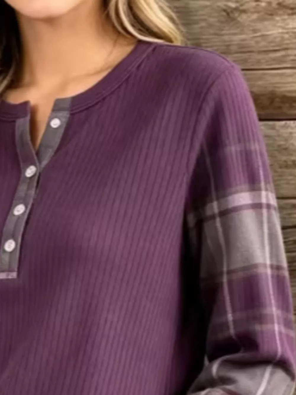 Full Size Ribbed Knit Henley T-Shirt with Plaid Contrast Sleeves Plus Size, image 2