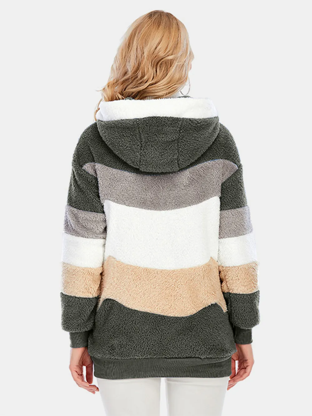 Full Size Drawstring Color Block Zip Up Hooded Outerwear, image 11