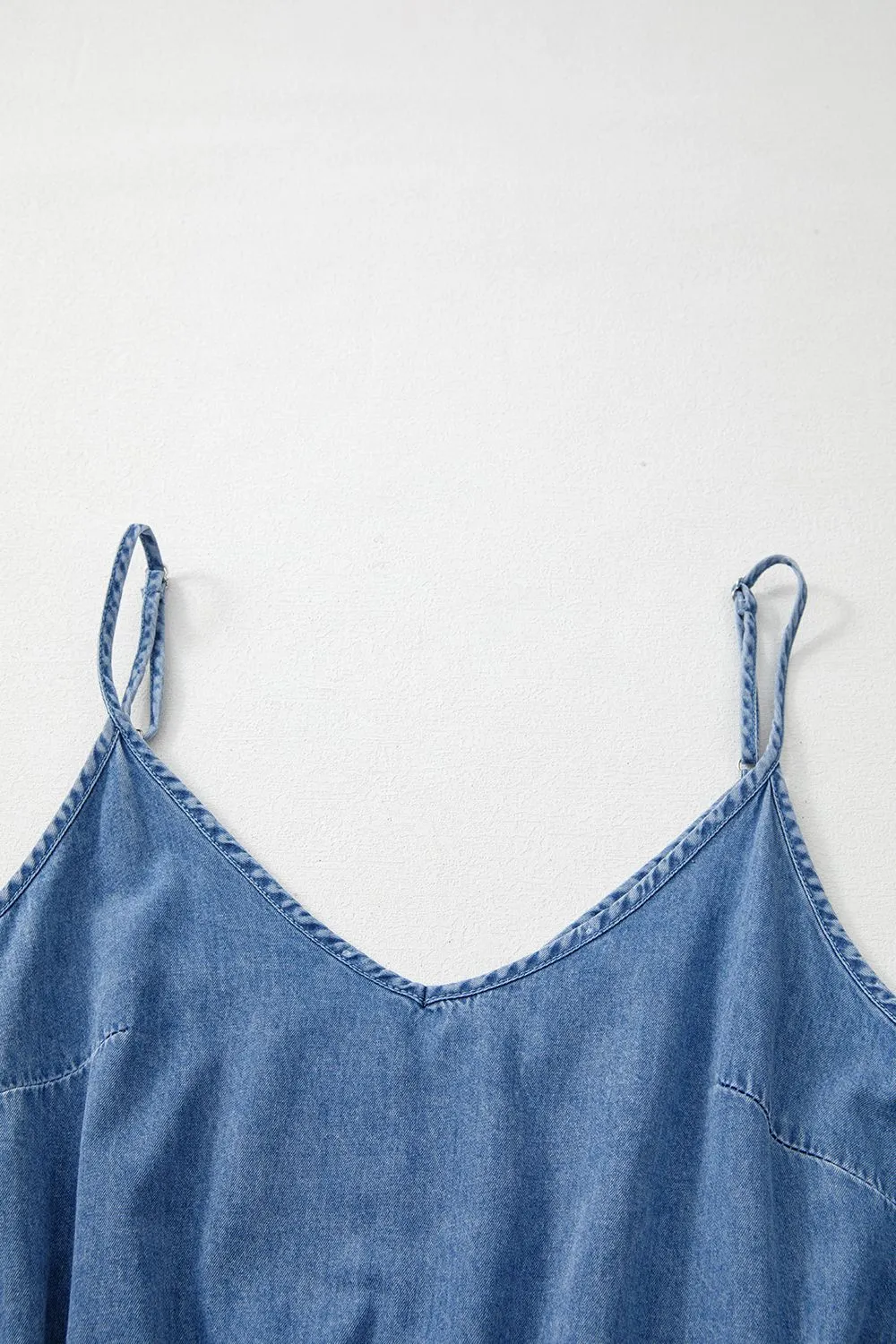 Spaghetti Straps V Neck Belted Ruffled Leg Chambray Romper, image 10