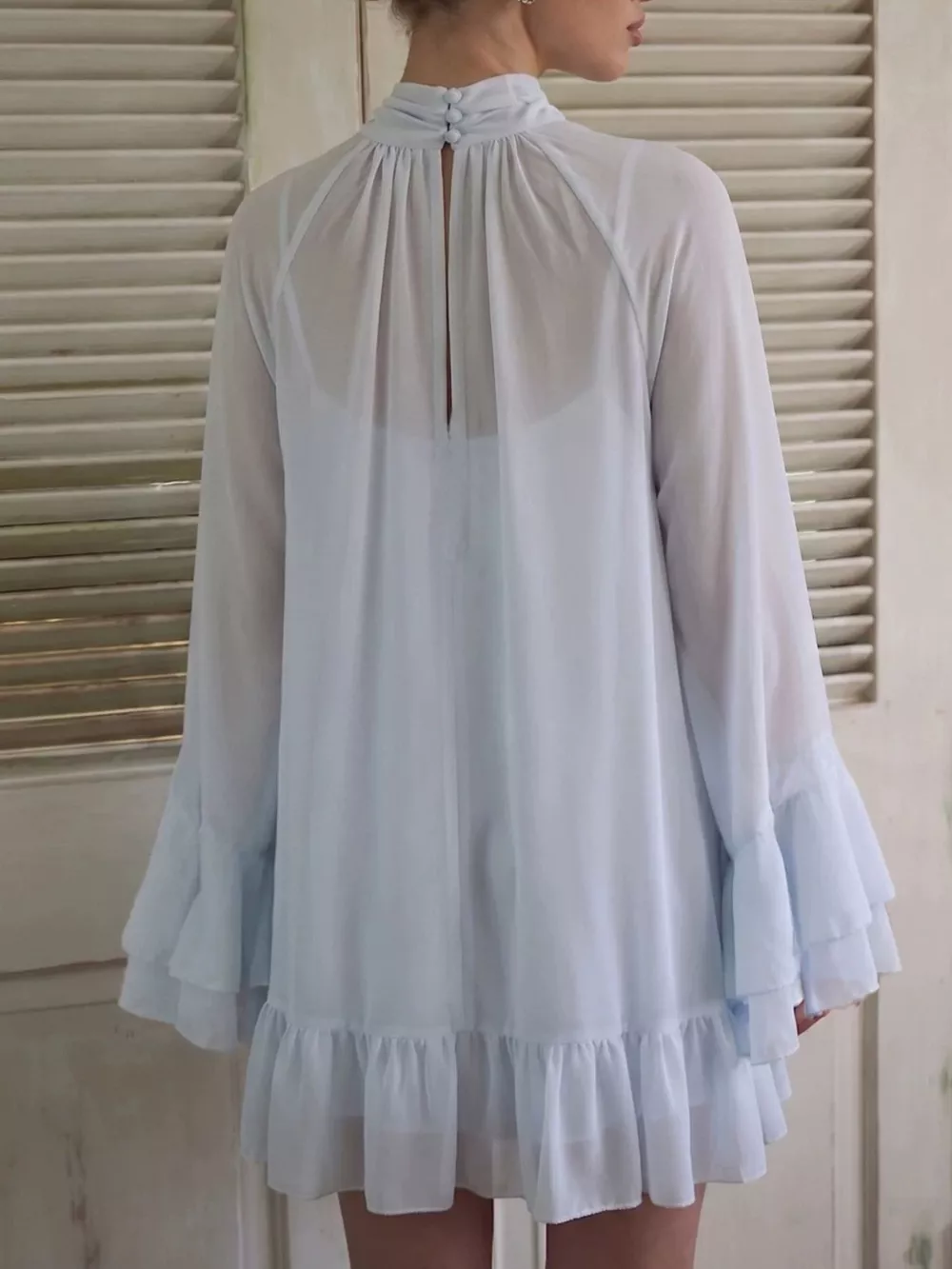 Sheer Mock Neck Flare Sleeve Dress, image 4