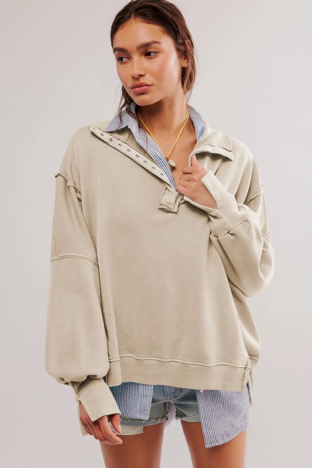 Exposed Seam Side Slit Long Sleeve Sweatshirt, image 11
