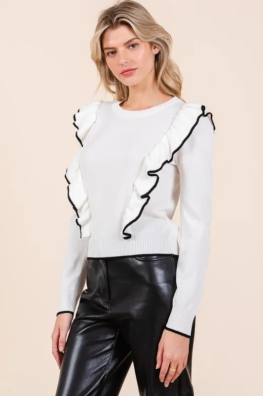Contrast Trim Ruffled Round Neck Knit Top, image 4