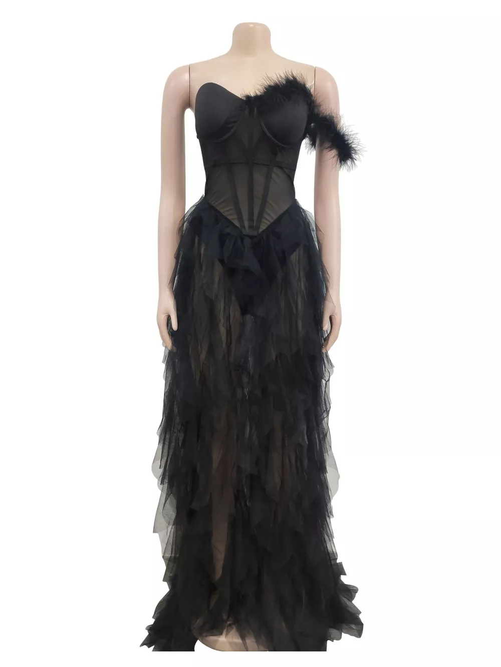 Feathered Corset Tulle Evening Dress, image 7