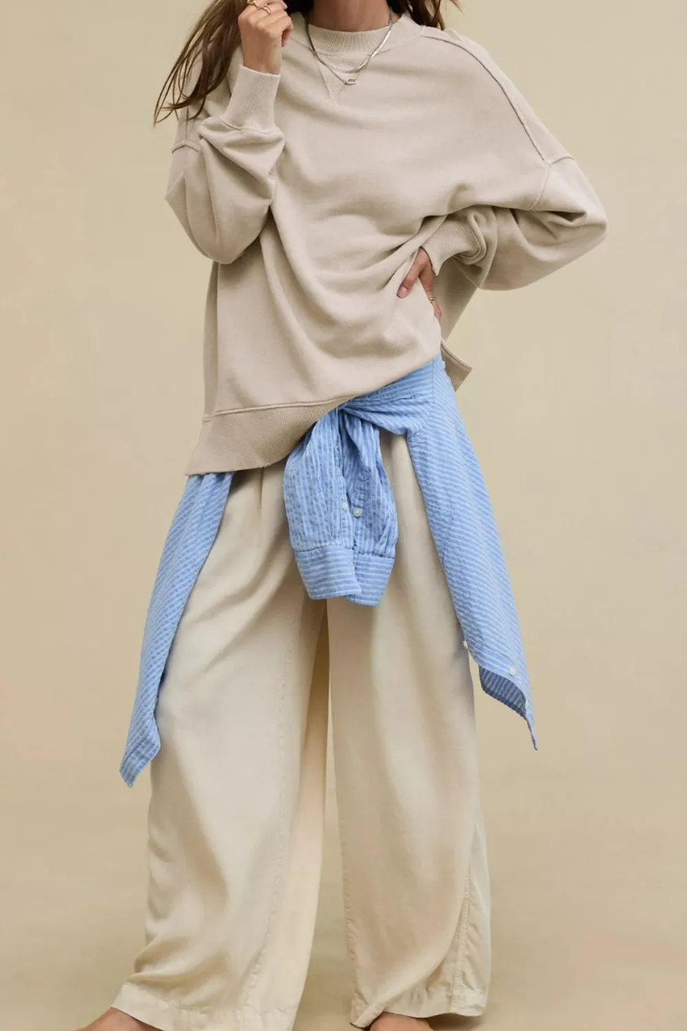 Side Slit Round Neck Long Sleeve Sweatshirt, image 5