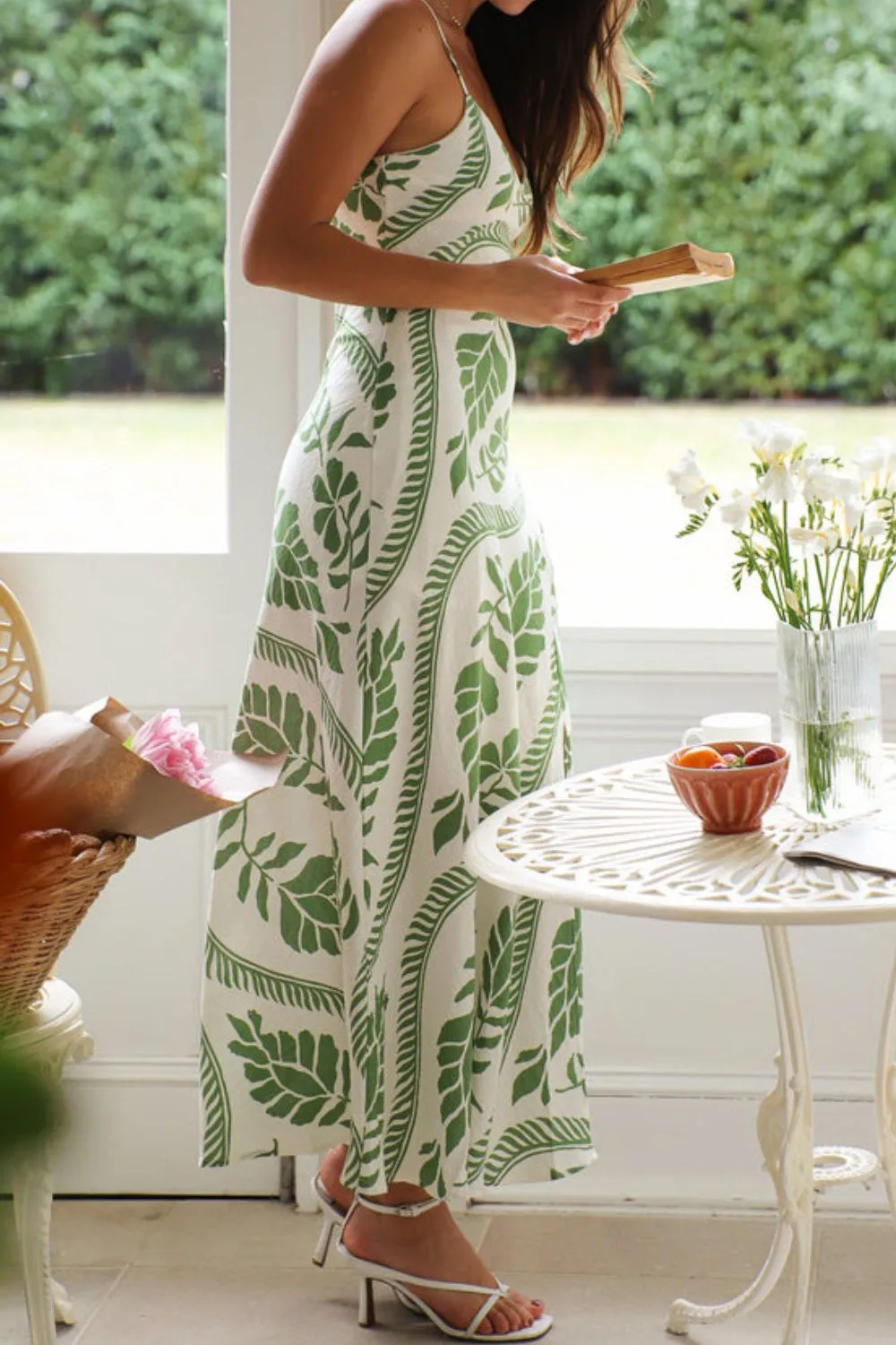 Leaf Print Slit V-Neck Midi Cami Dress, image 4