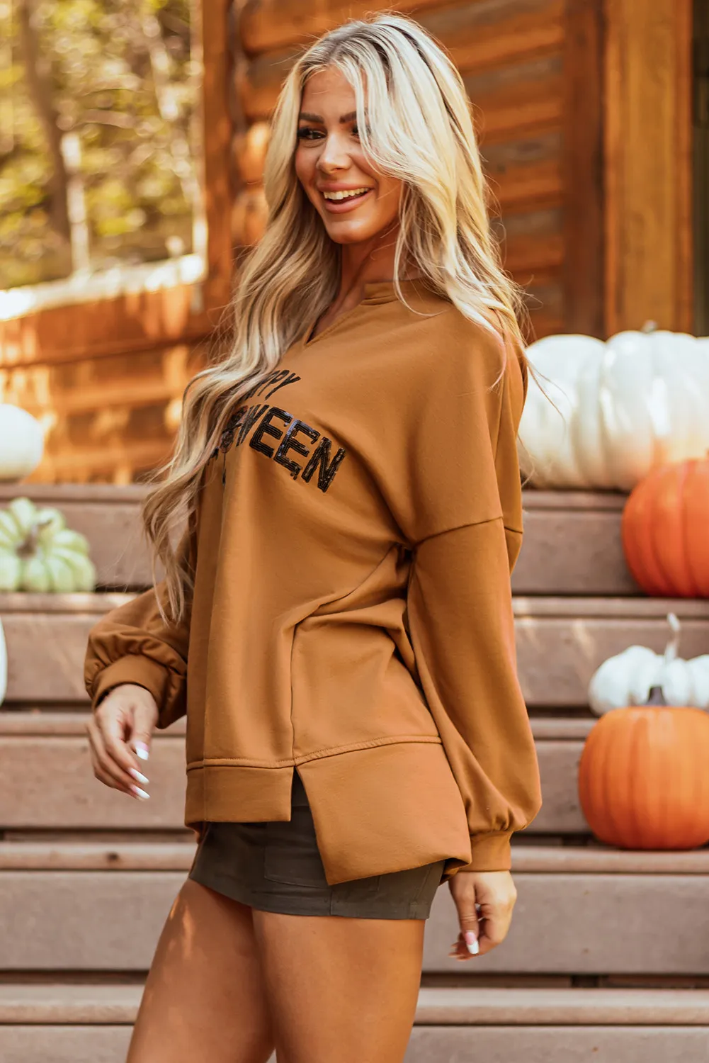 Sequin Letter Graphic Notched Long Sleeve Sweatshirt, image 3