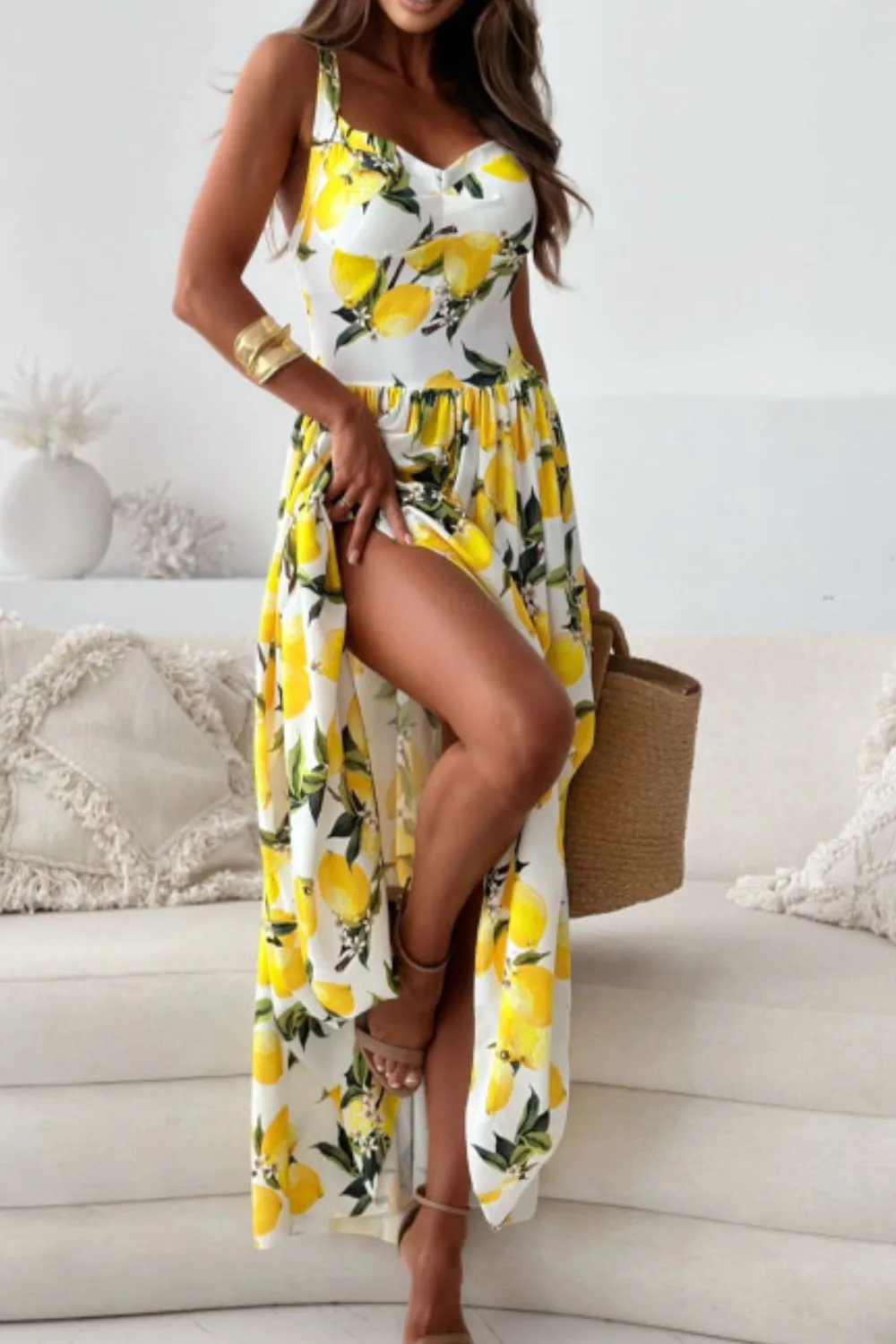 Lemon Print Sweetheart Neck Maxi Dress, image 3