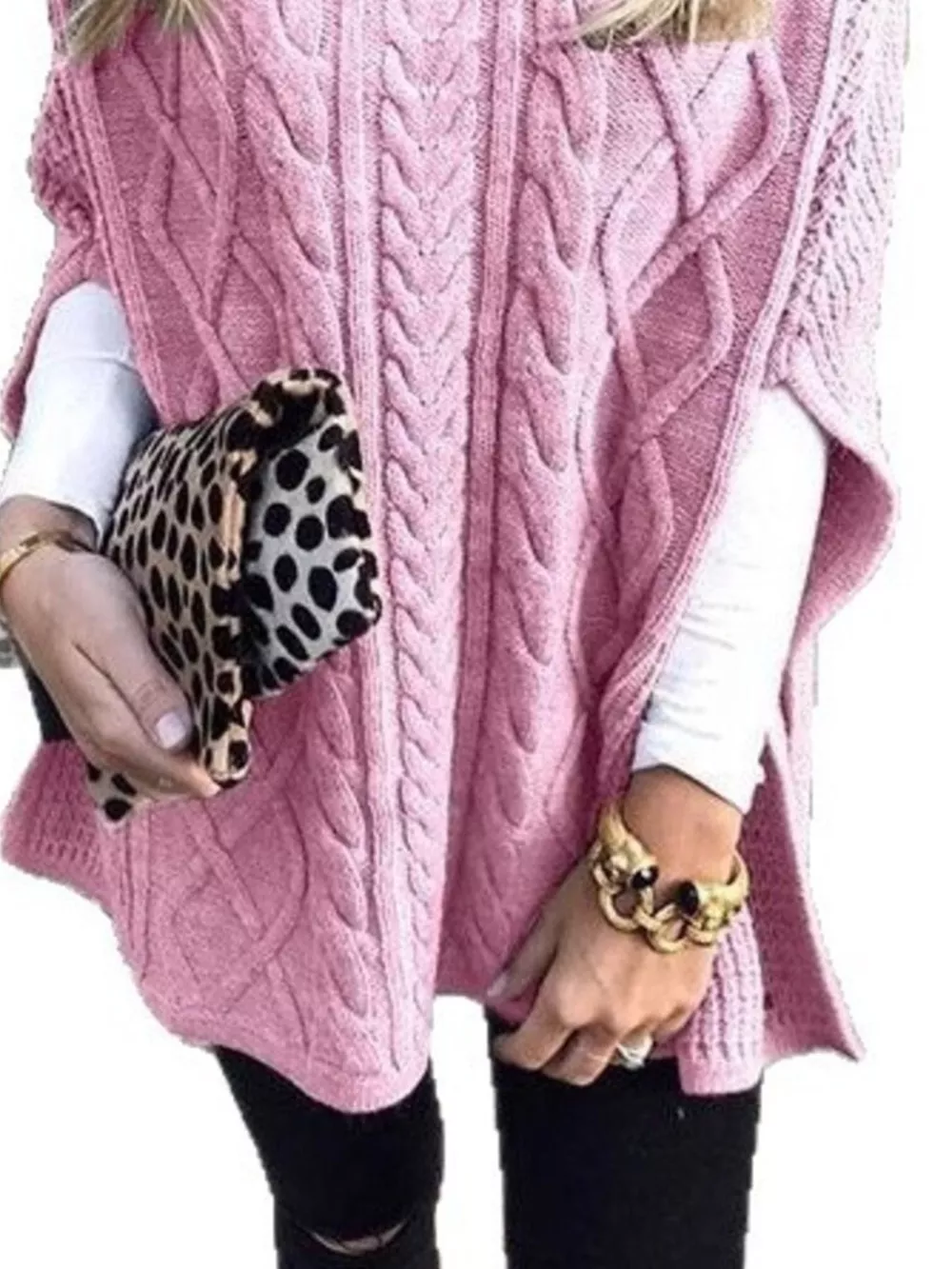 Chunky Cable Knit Turtleneck Poncho Cover Up, image 10