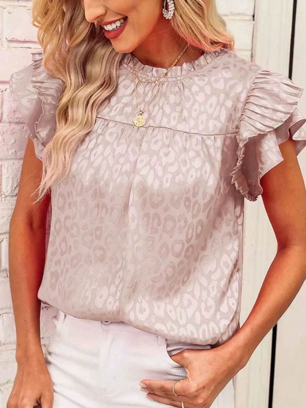 Leopard Frill Mock Neck Ruffled Cap Sleeve Top, image 14