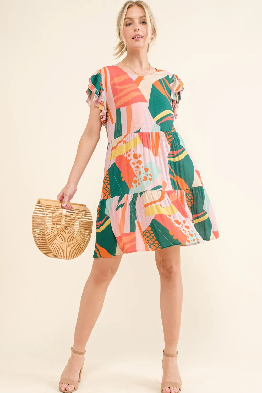 Printed Double Ruffle Sleeve Dress, image 4