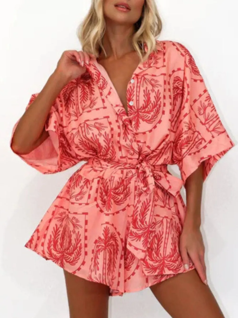 Printed Tie Waist Half Sleeve Romper, image 17