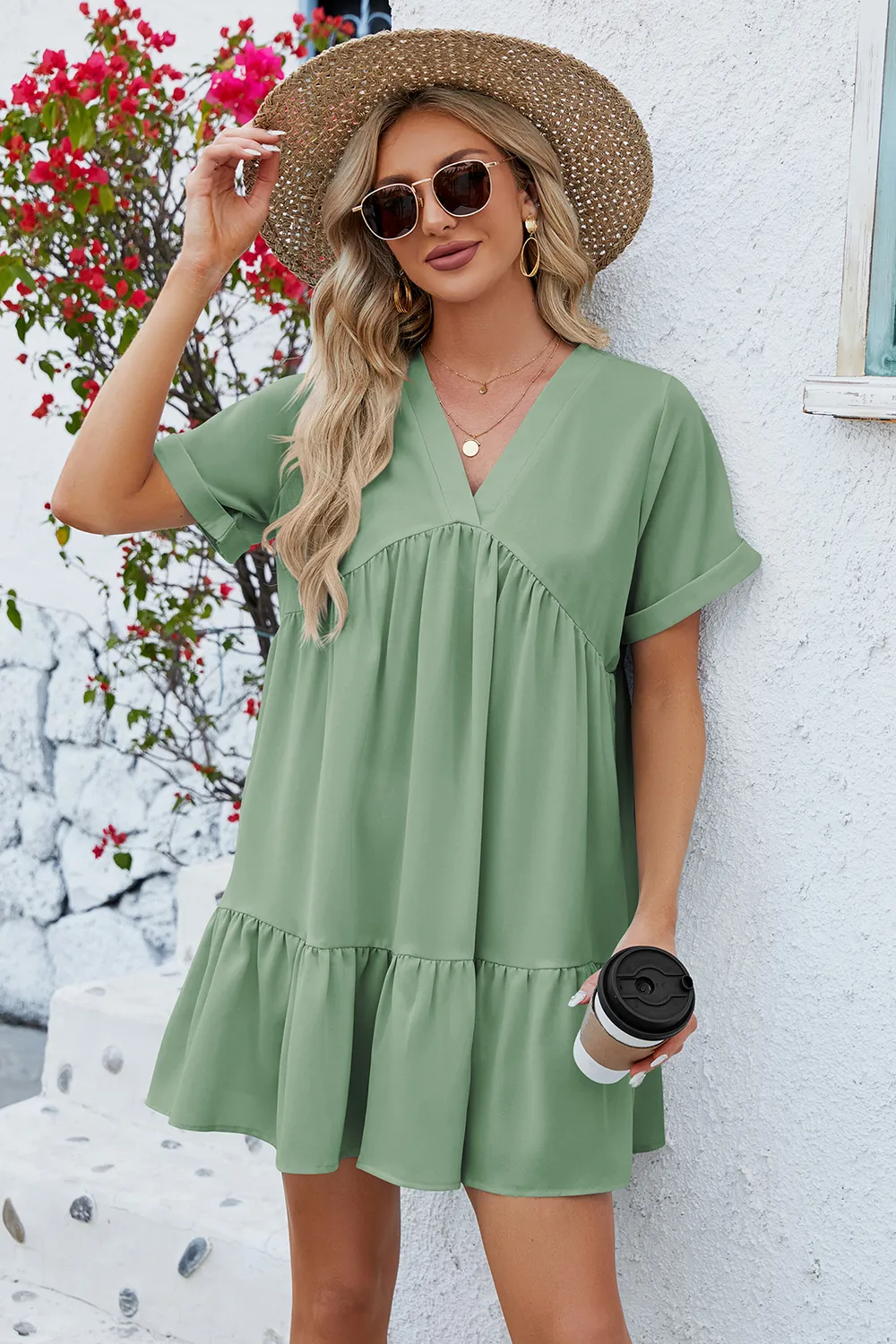 Ruched Tiered V-Neck Short Sleeve Mini Dress, image 10