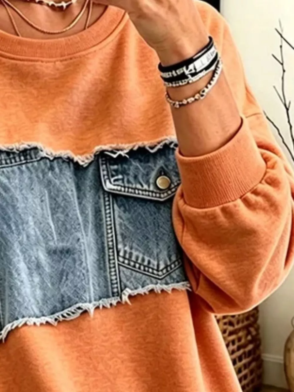 Full Size Denim Patchwork Dropped Shoulder Sweatshirt Plus Size, image 6