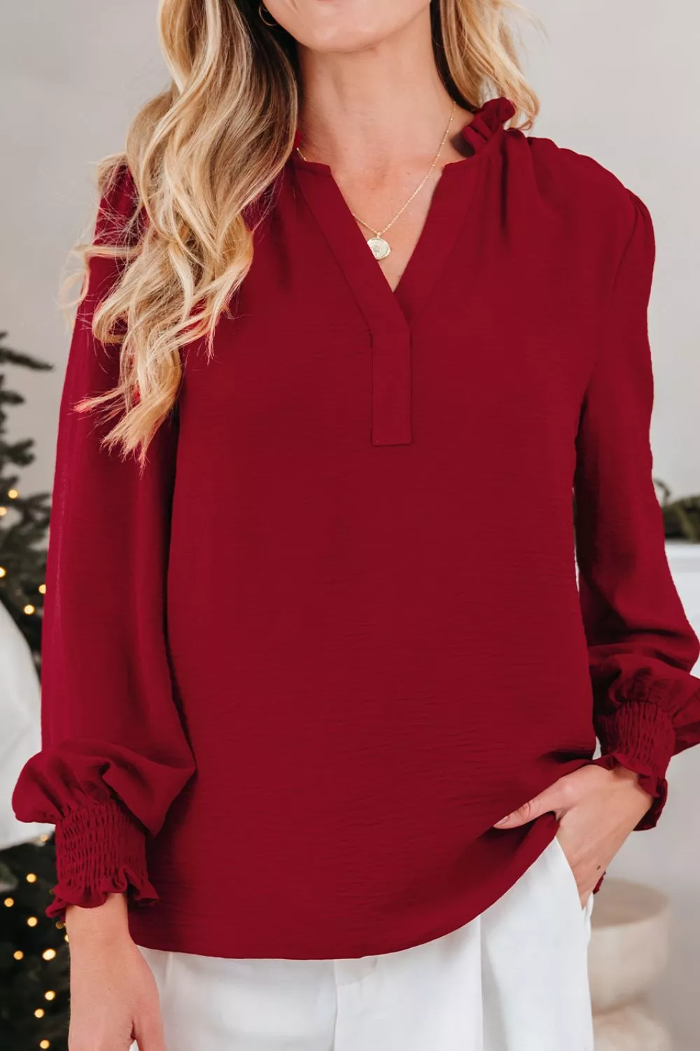 Notched Neck Shirred Cuff Long Sleeve Blouse, image 3
