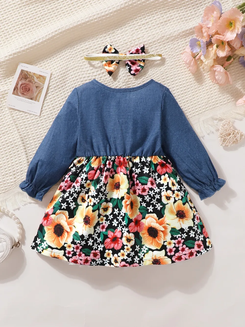 Children's Ruffled Bow Contrast Floral Dress with Headband, image 6