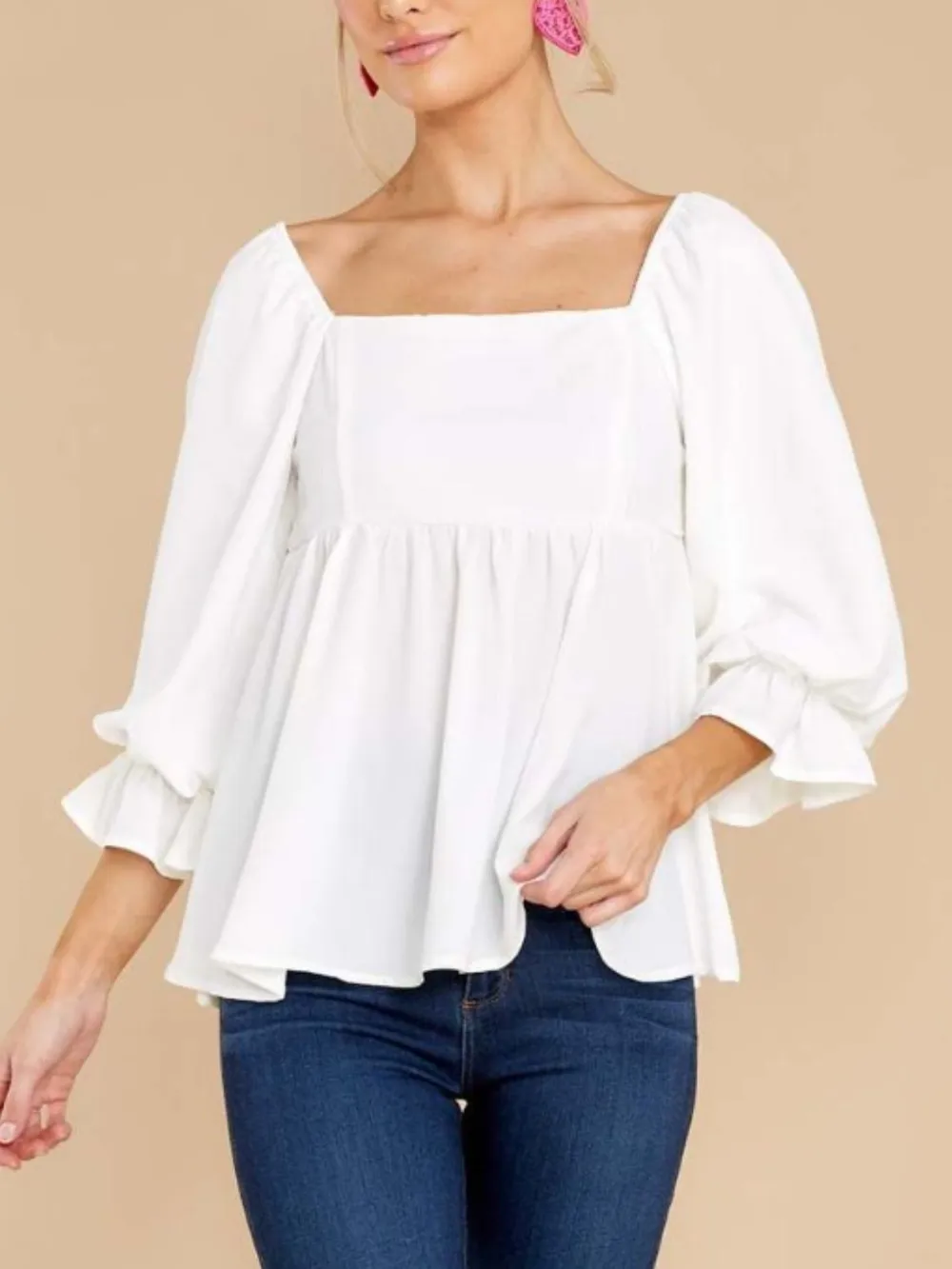 Smocked Square Neck Flounce Sleeve Blouse, image 7