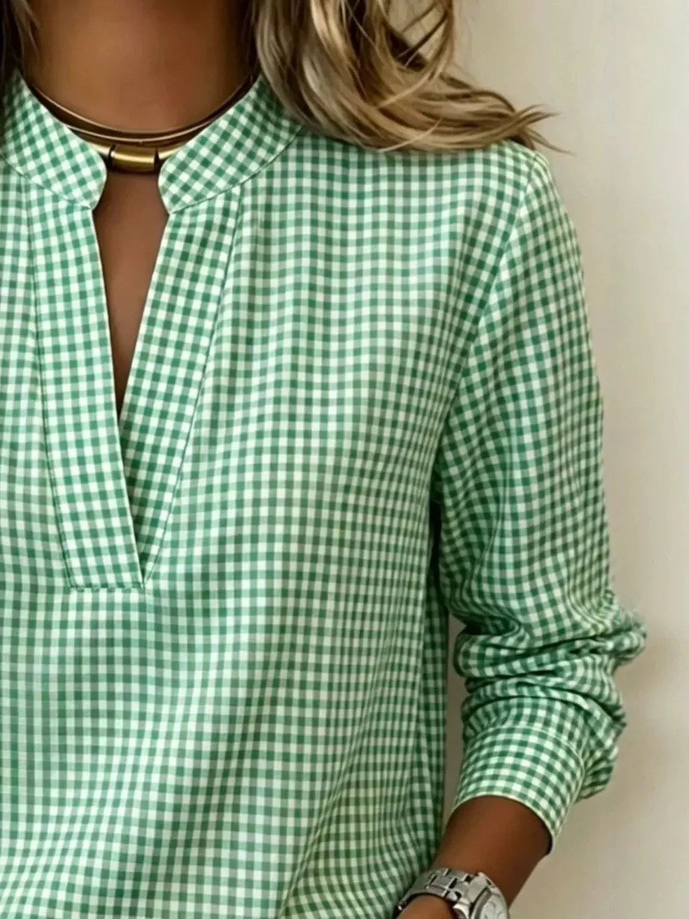 Full Size Plaid Notched Long Sleeve Blouse Plus Size, image 5