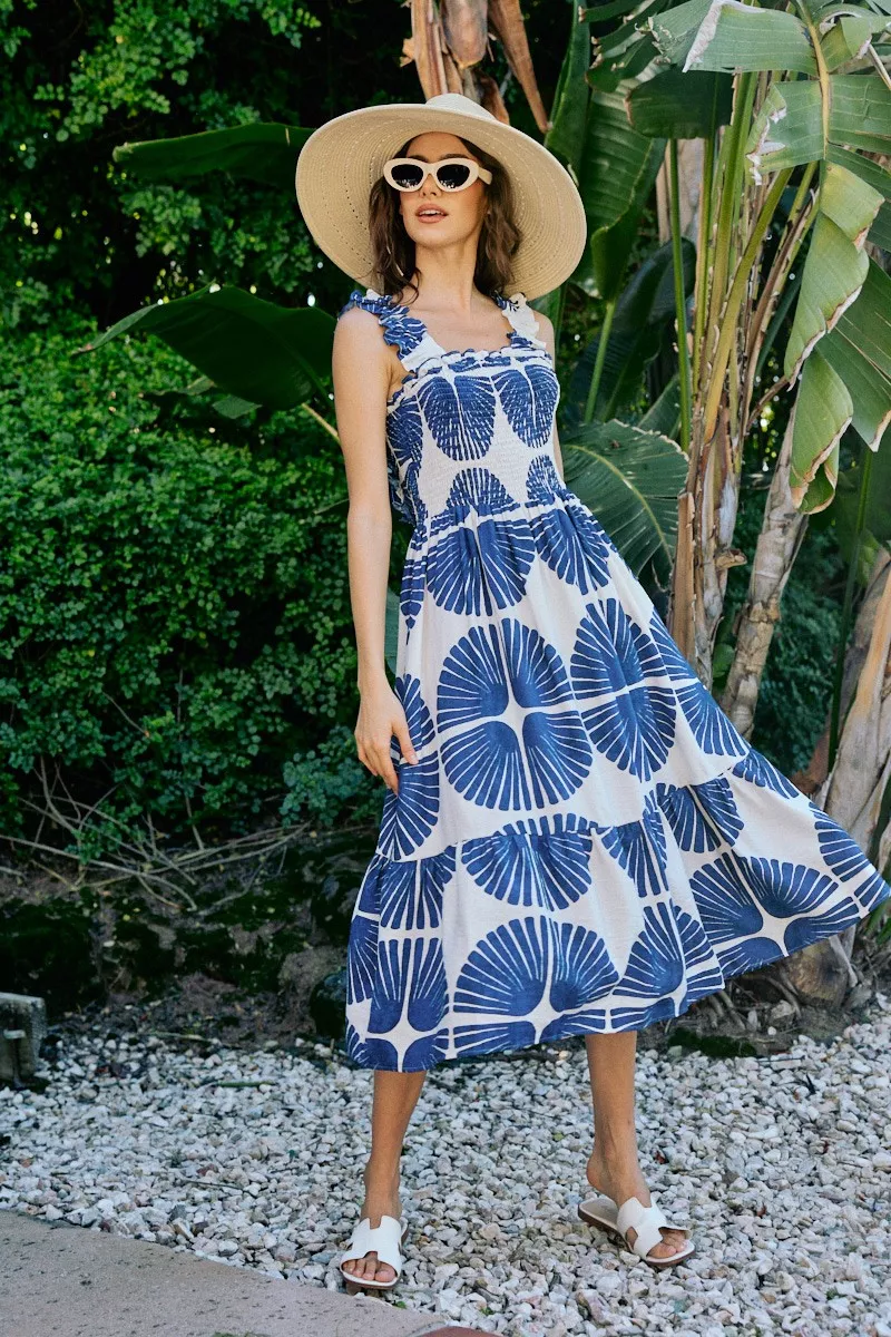 Abstract Print Smocked Bodice Tiered Lined Midi Dress, image 18