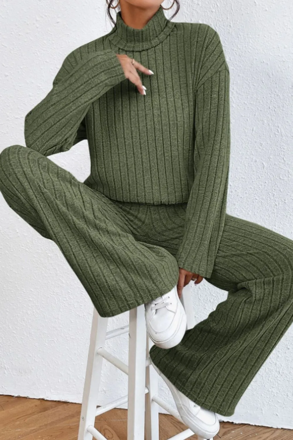 Mock Neck Dropped Shoulder Top and Pants Set, image 15