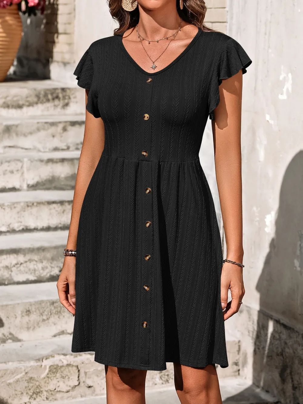 V-Neck Ruffled Cap Sleeve Dress, image 29