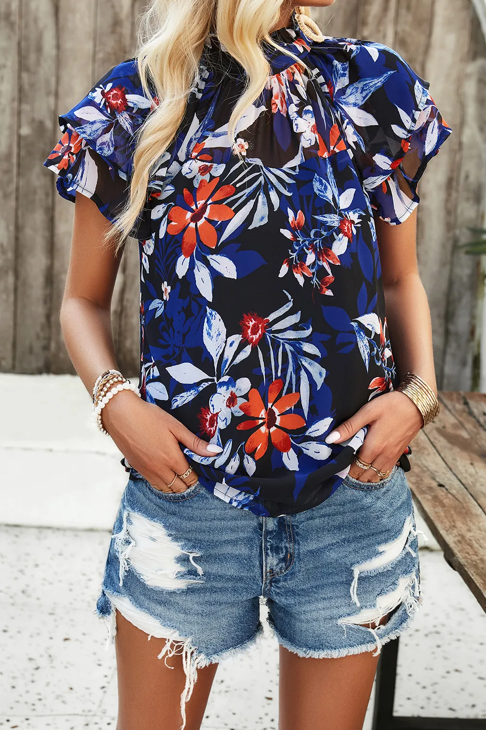 Printed Ruffled Mock Neck Blouse, image 9