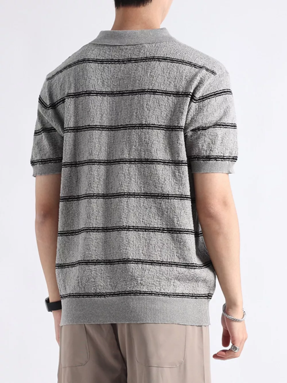 Men's Plus Size Striped Knit Button Detail Polo, image 7