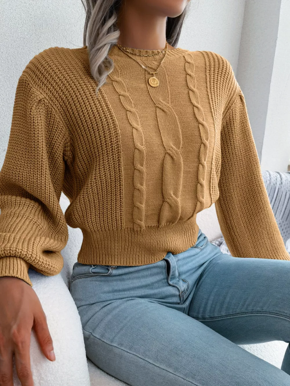 Cable Knit Round Neck Cropped Sweater, image 15