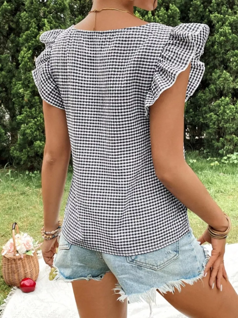 Gingham Ruffle Sleeve Square Neck Blouse, image 18