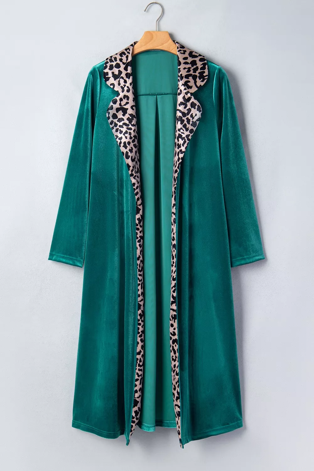 Velvet Contrast Leopard Print Lapel Collar Open Front Cardigan, image 5