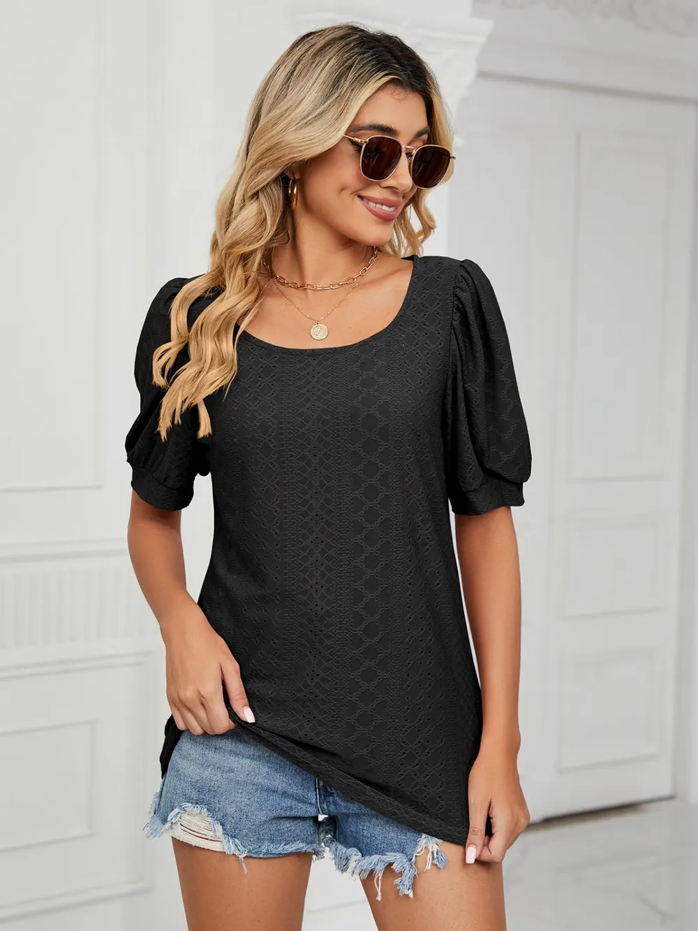 Ruched Notched Long Sleeve T-Shirt