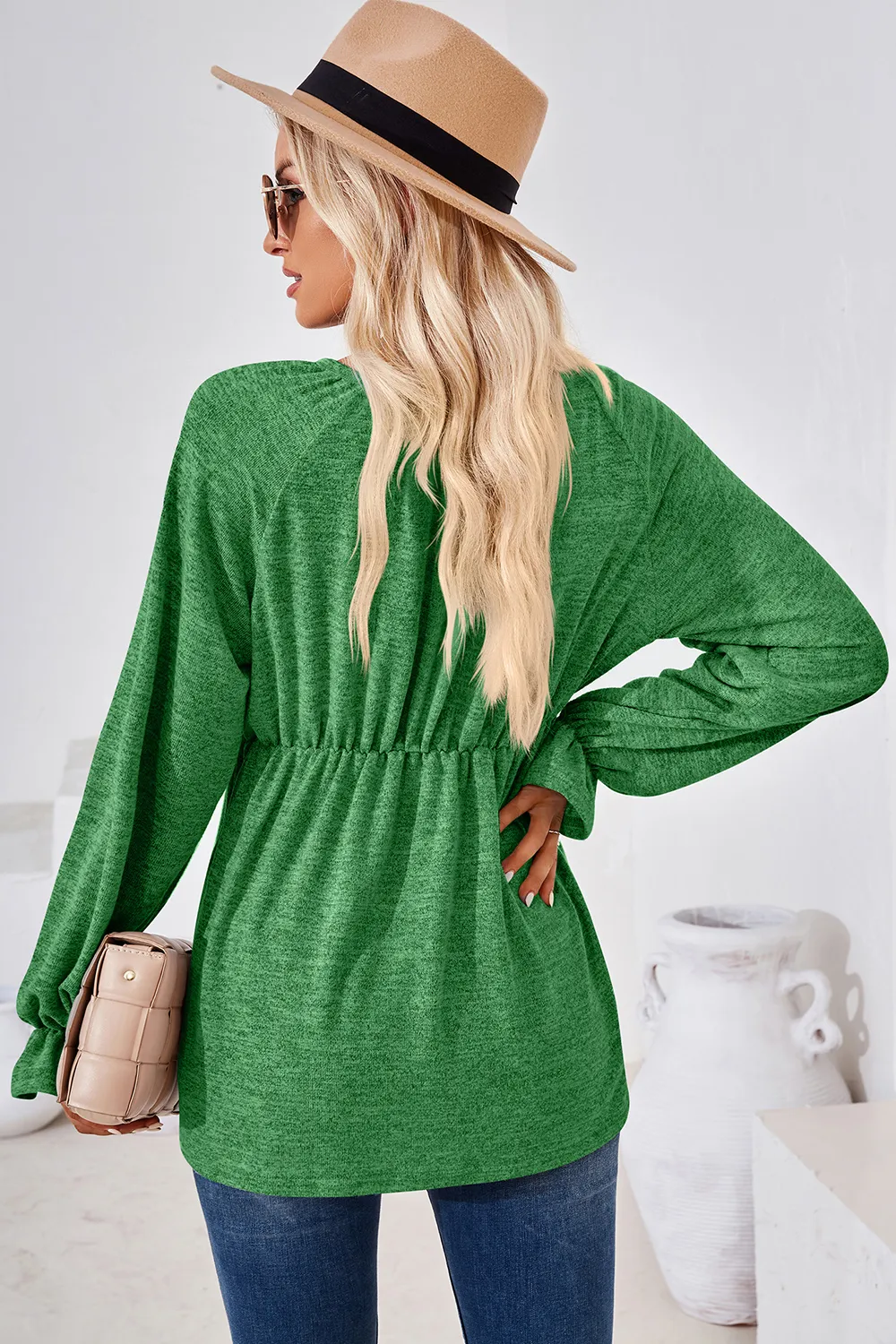 Ruched Round Neck Flounce Sleeve Blouse, image 16