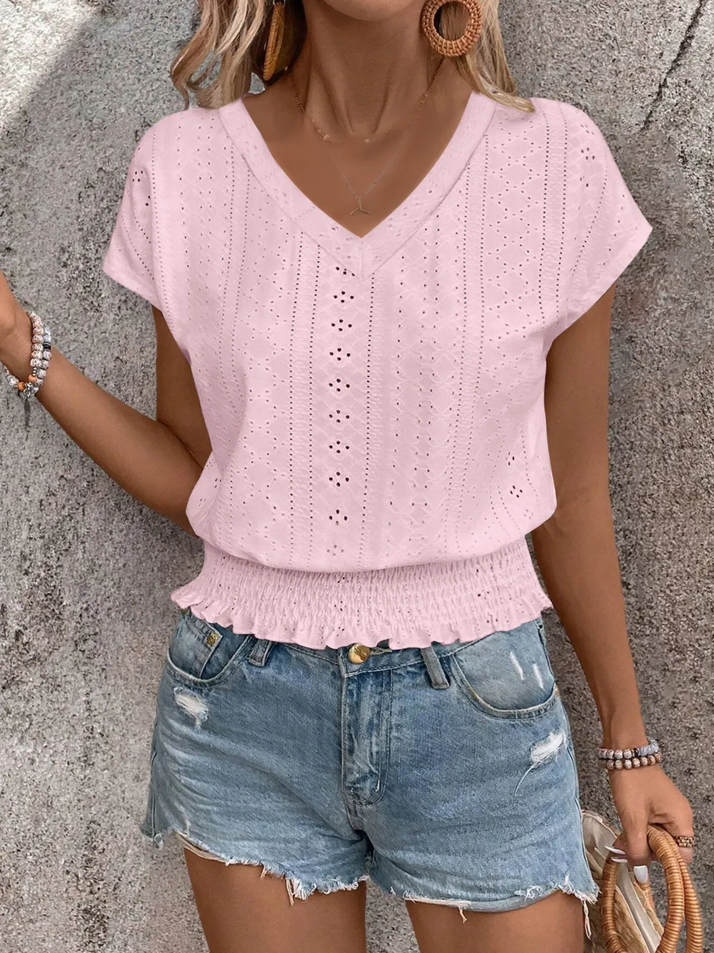 Eyelet V-Neck Short Sleeve Blouse, image 10