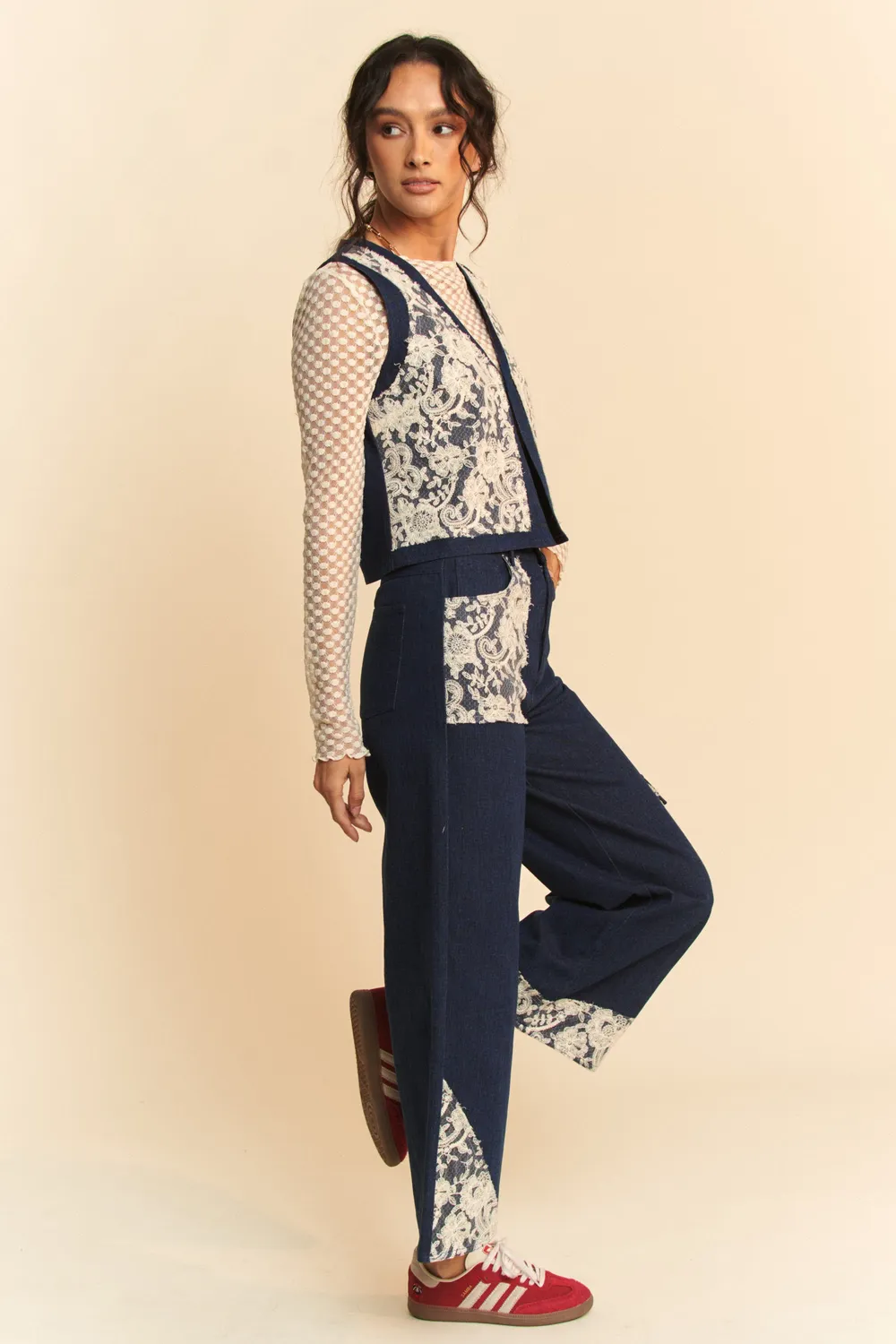 Lace Patch Open Front Denim Vest, image 9