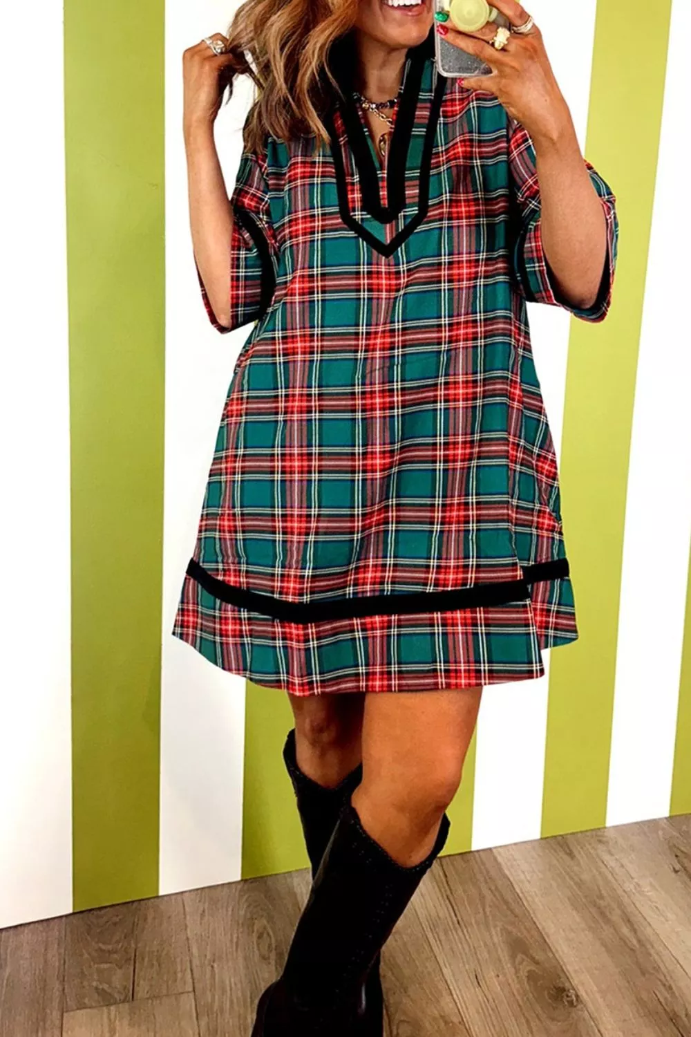 Plaid Velvet Trim Pockets Short Shift Dress, image 5