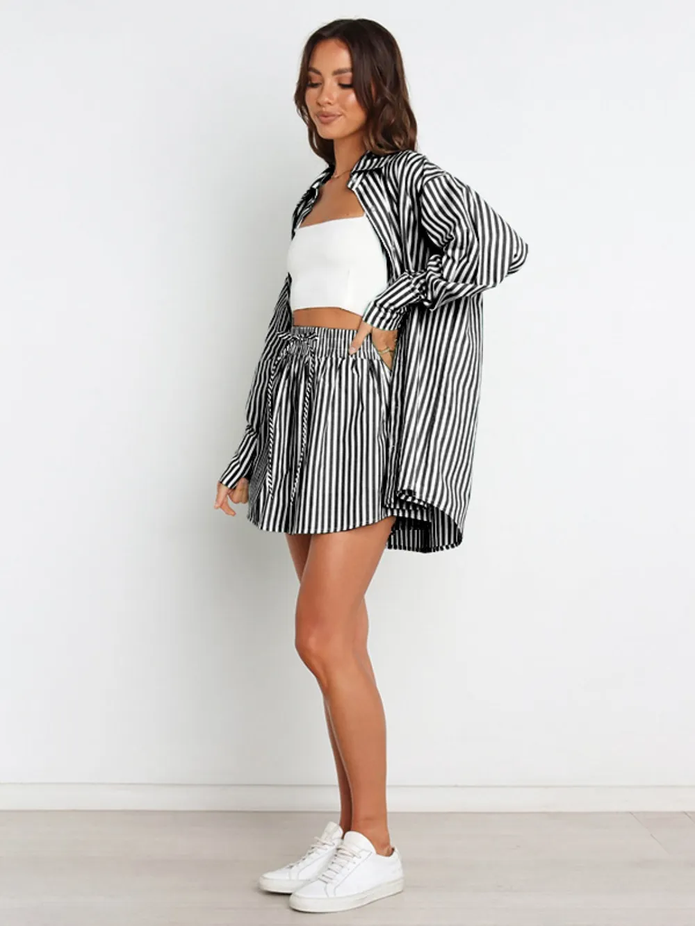 Striped Dropped Shoulder Shirt and Shorts Set, image 4