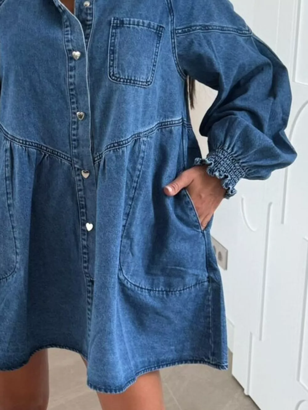 Button Down Mini Denim Dress with Front Pockets, image 12