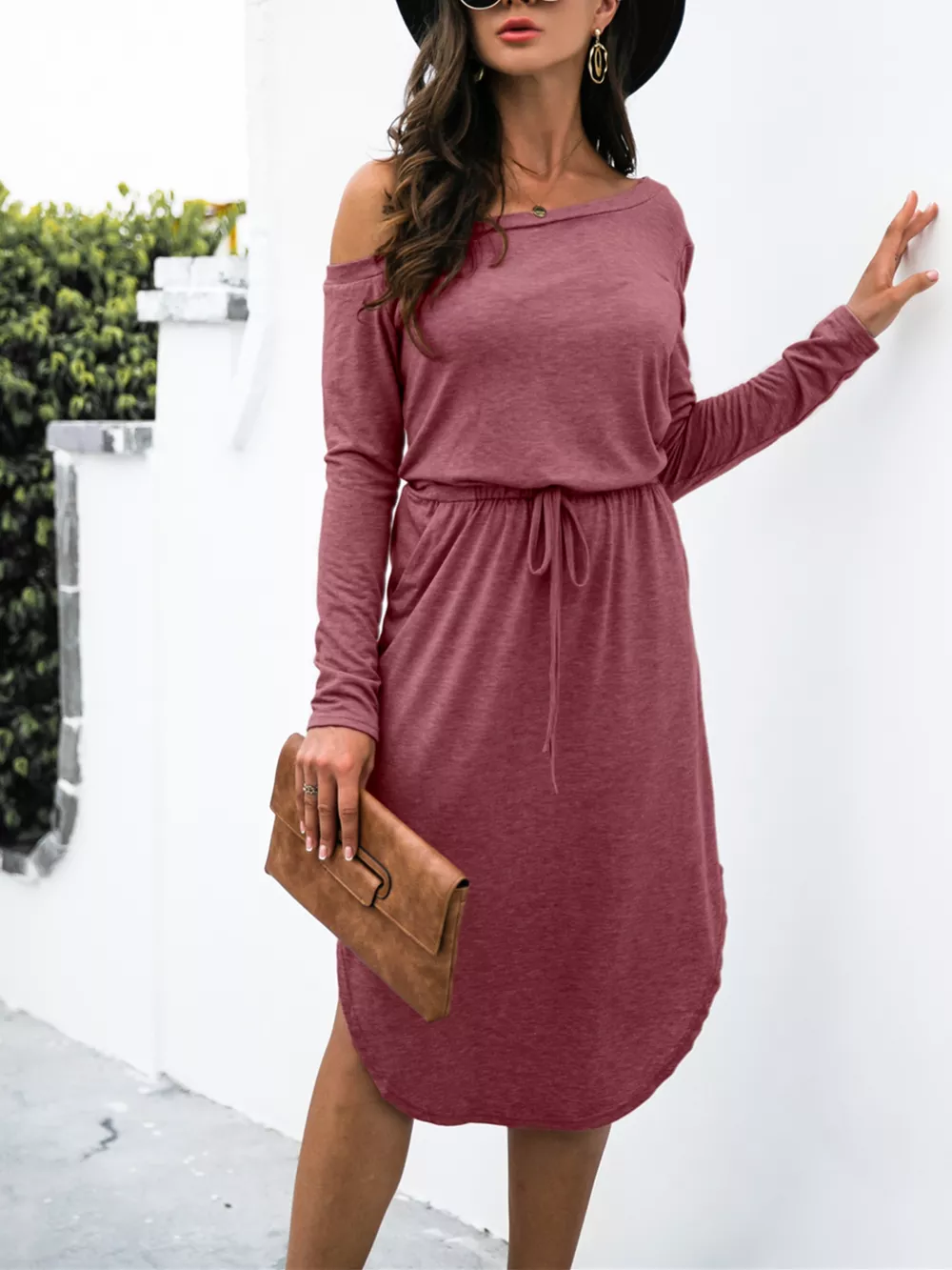 One-Shoulder Long Sleeve Midi Dress with Drawstring Waist, image 16