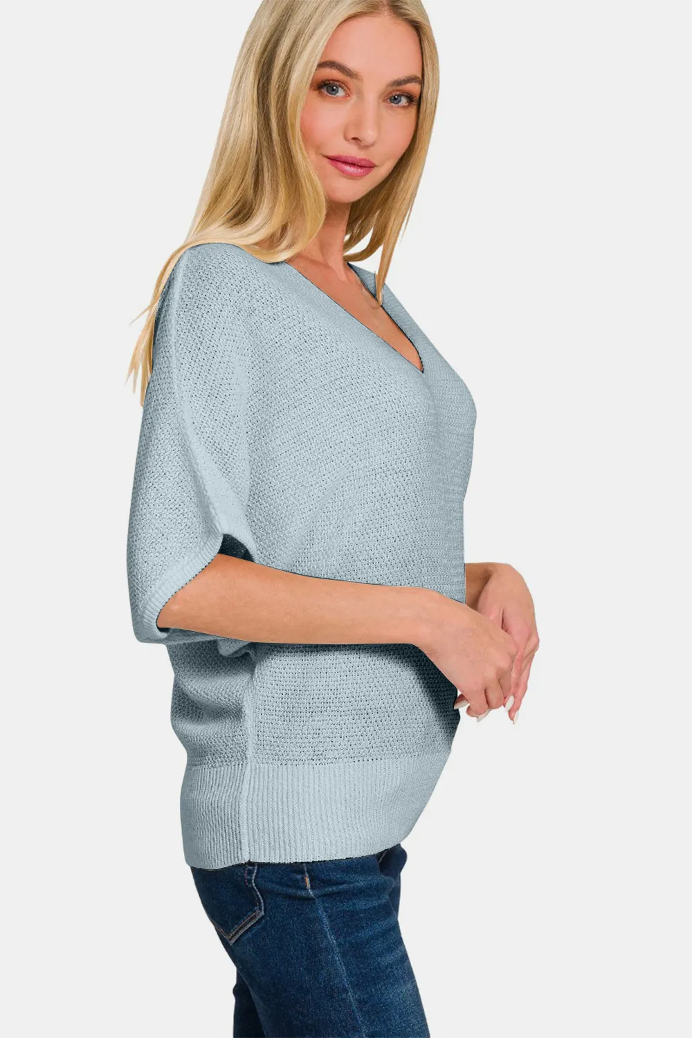 V-Neck Short Sleeve Dolman Sweater, image 3