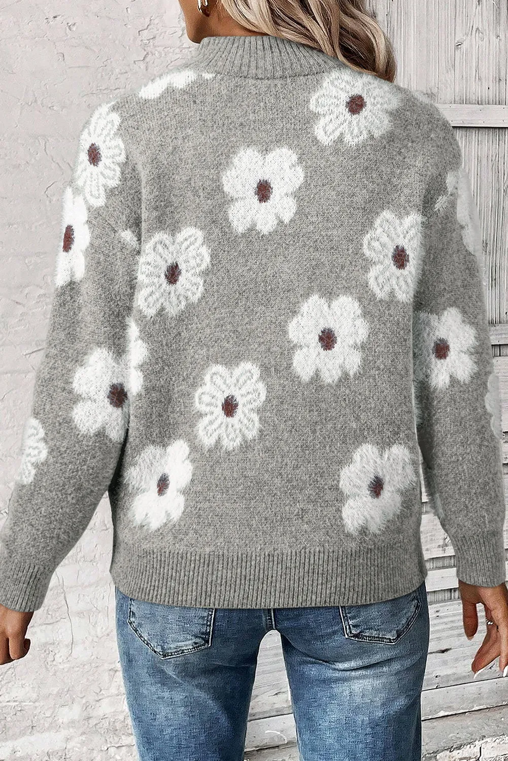 Flower Half Zip Long Sleeve Sweater, image 11