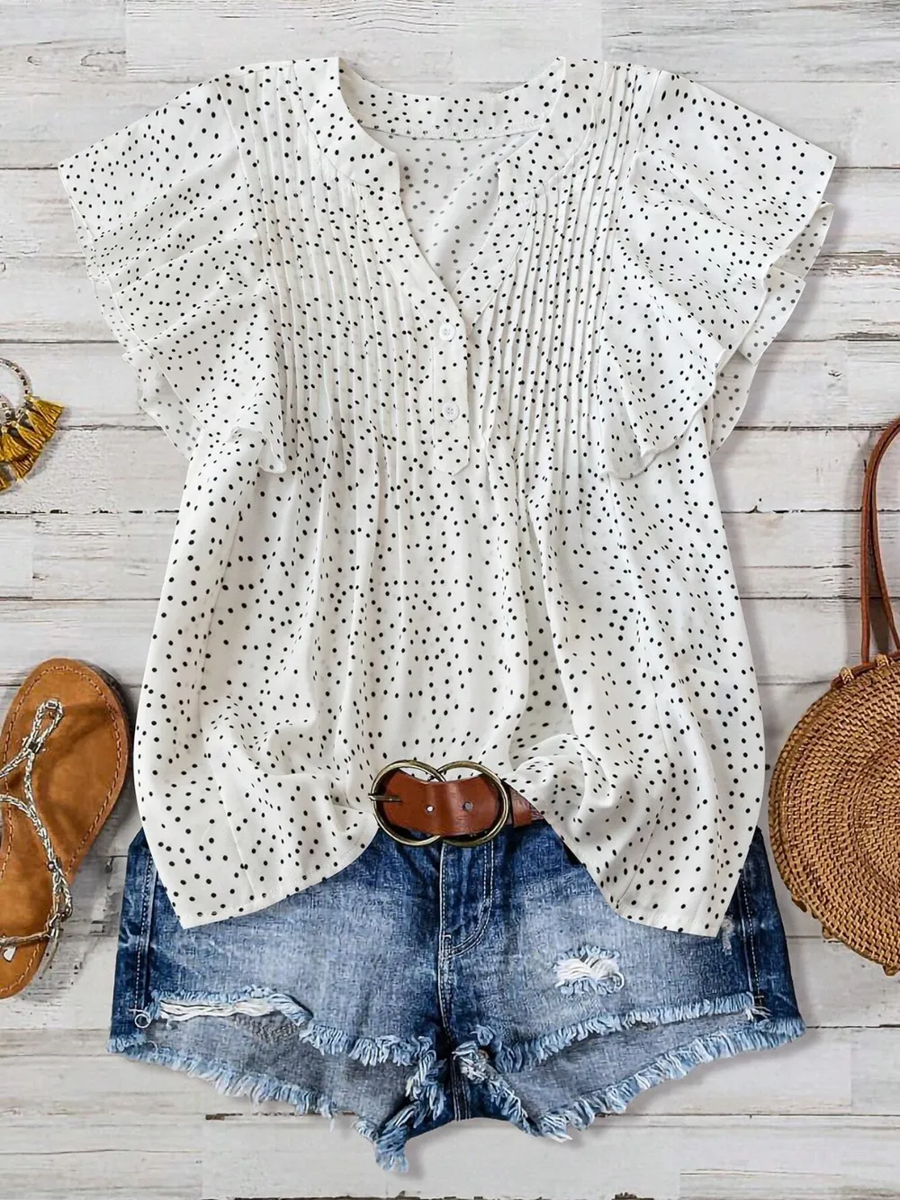 Polka Dot Notched Ruffled Cap Sleeve Blouse, image 16