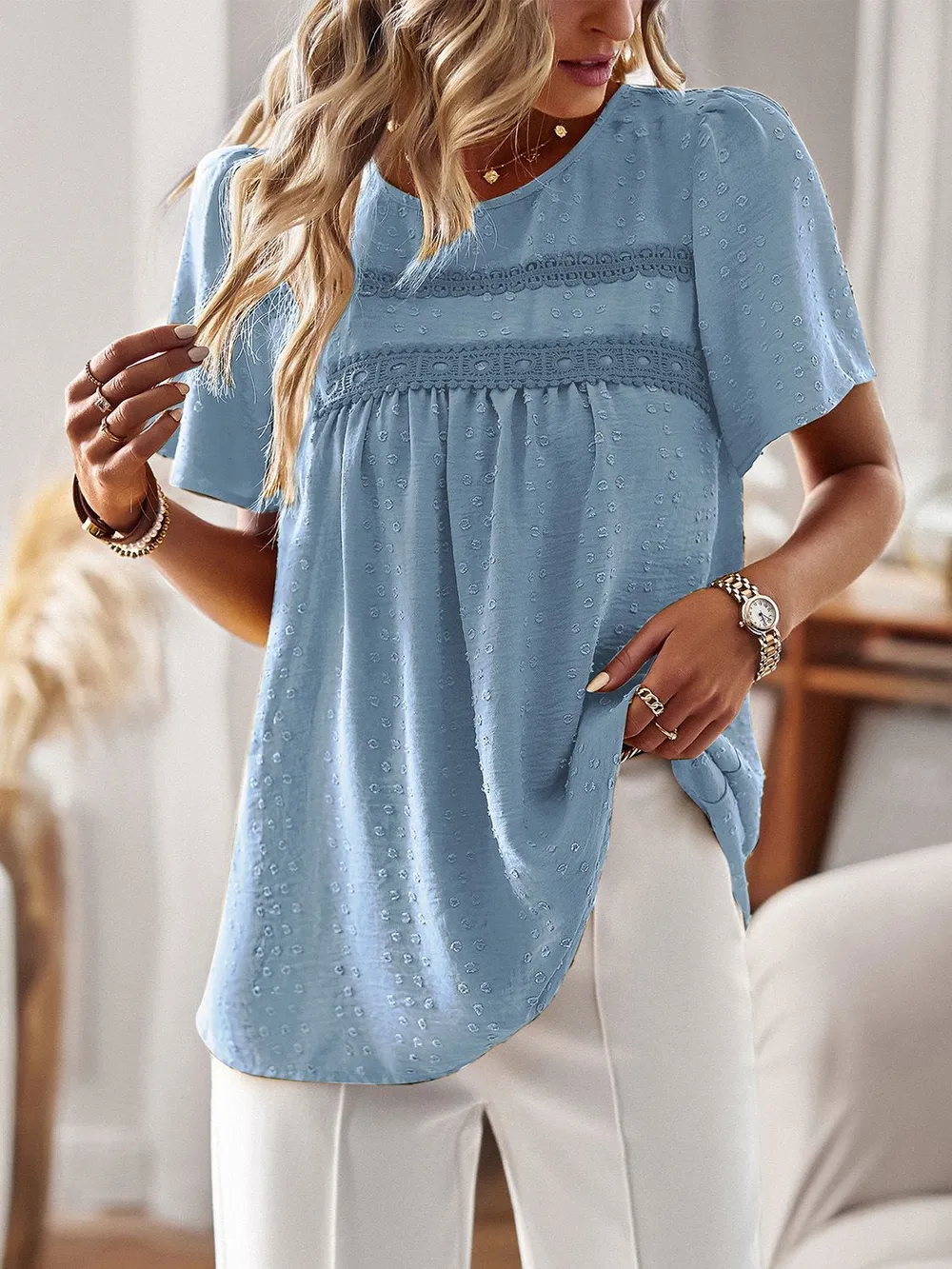 Lace Detail Round Neck Short Sleeve Blouse, image 21