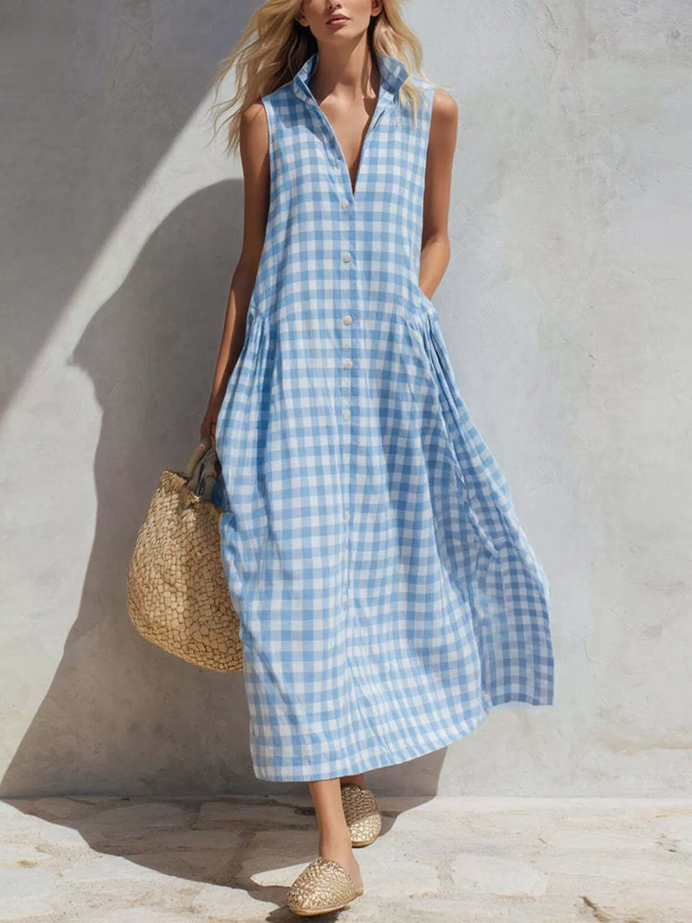 Full Size Sleeveless Gingham Button-Down Midi Dress Plus Size