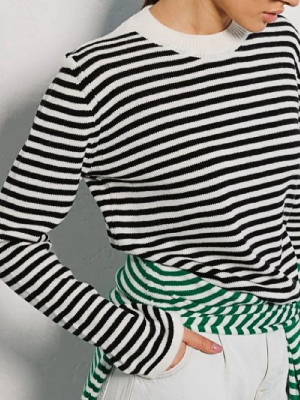 Striped Round Neck Long Sleeve Sweater, image 3