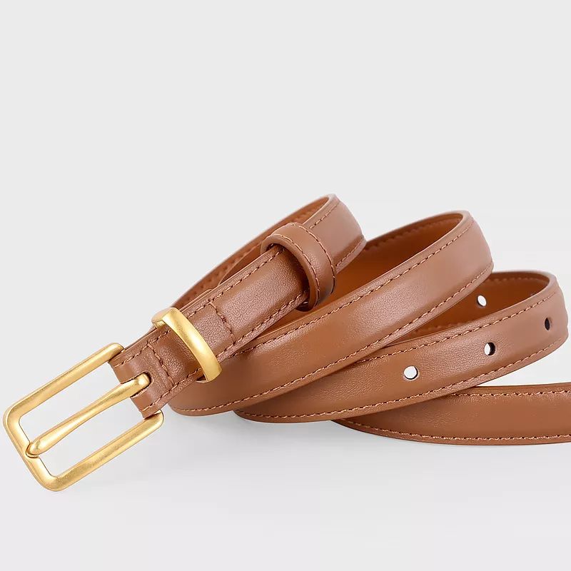 Leather Skinny Belt with Golden Buckle, image 6
